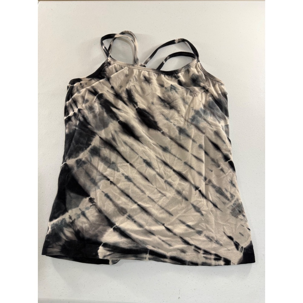 Womens Tie Dye Cami Tank Top with Built-in Shelf Bra Black White Strappy Back
